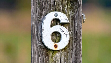 Aged wooden post with number six