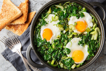 Green shakshuka one-pan dish filled with shaved spinach, green pepper, celery and herbs closeup on the pan on the table. Horizontal top view from above