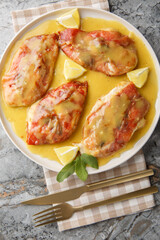 chicken saltimbocca crispy, golden, and bathed in lemony pan sauce closeup on the plate on the table. Vertical top view from above