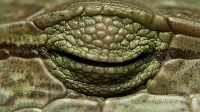 Extreme close up reptile eye with glowing green and gold colors moving naturally
