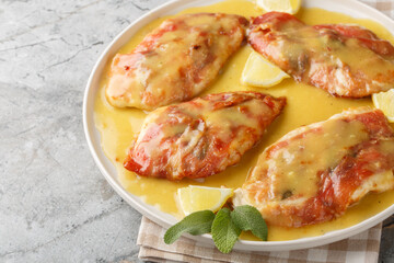 Tasty Chicken Saltimbocca has been wrapped with prosciutto and sage in a white wine butter sauce closeup on the plate on the table. Horizontal