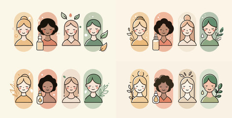 Four colorful illustrations show women of different ethnicities smiling while using skincare products, surrounded by plants and natural elements in a serene setting.