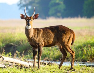 Alert antelope stands in a grassy field