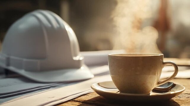 Construction site coffee break: A steaming cup of coffee sits on a table beside a hard hat, evoking a sense of respite and the everyday rhythms of the construction industry. 