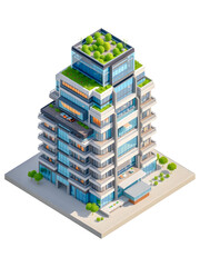 Fototapeta premium Isometric 3d model set of city building icons for urban architecture design with a street, house, and tree