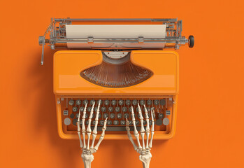 Top view of skeleton hands typing on a vintage typewriter. Spooky and creative Halloween-themed concept, perfect for horror stories