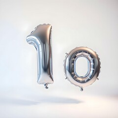 Silver '10' Foil Balloons Floating on White Background