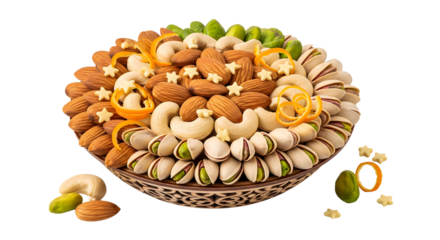 Dry fruits in bowl PNG healthy almonds, cashews, pistachios, raisins, traditional Indian snack, festive, colorful, nutritious
