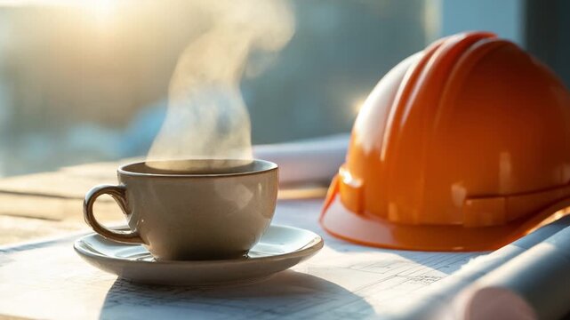 Construction Coffee Break: A steaming cup of coffee rests beside a construction hard hat and blueprints, symbolizing a well-deserved pause during a day of building and progress.
