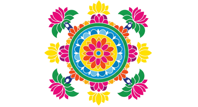 Lotus Rangoli PNG vibrant Indian floor art, traditional festive design, perfect for Diwali, weddings, cultural decoration, creative pattern
 - Powered by Adobe