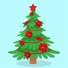 Christmas tree decorated with red holly flowers Winter card Happy Holidays decor