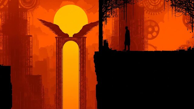 Silhouette of a man walking on a cliff in an orange steampunk-inspired city