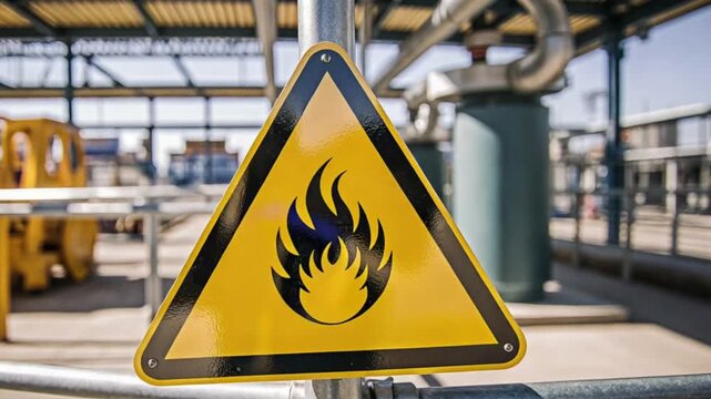 Yellow warning sign with a flame symbol indicating fire hazard in industrial area