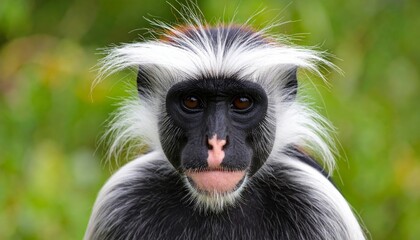 Obraz premium Portrait of a striking Mantled Guereza monkey staring intensely with its white hair