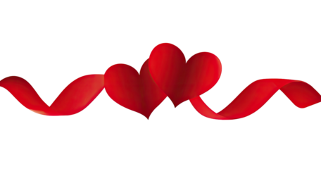 Two overlapping hearts on a red ribbon