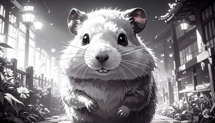A charming, stylized hamster portrait, showcasing its expressive face in a tranquil