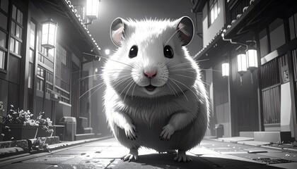 A charming white hamster stands in a grayscale city street, looking adorable and fluffy.