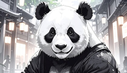 A cute panda bear smiles in a digital illustration wearing a jacket in a town scene.