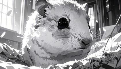 A monochromatic digital artwork depicts a cute hamster nestled in paper bedding indoors.