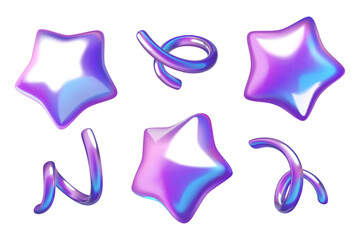3d stars and curly ribbons purple holographic holiday decorative elements collection isolated on white background. Vector illustration.