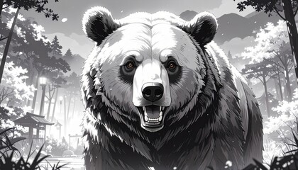 A monochromatic illustration showcases a bear standing amidst a peaceful forest scene.