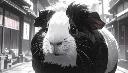 A monochrome guinea pig portrait with an urban backdrop evokes a serene atmosphere.