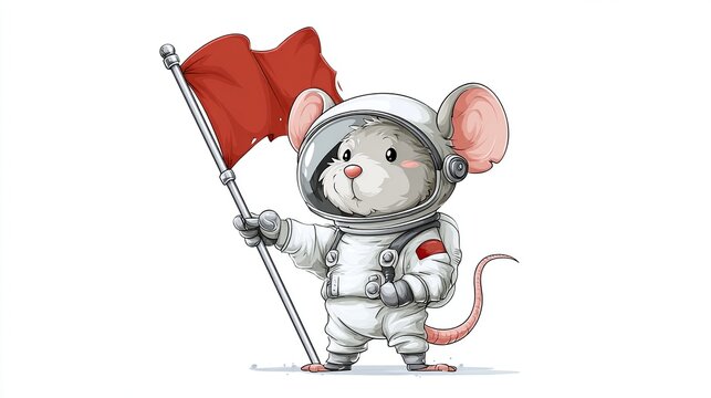 Cartoon mouse astronaut in a white spacesuit plants a red flag on a white background
