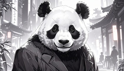 A panda bear in a stylish coat stands in an urban Asian environment monochrome image