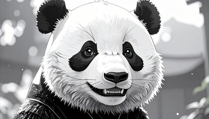 A striking monochrome digital art piece showcases a charming panda with a gentle smile.