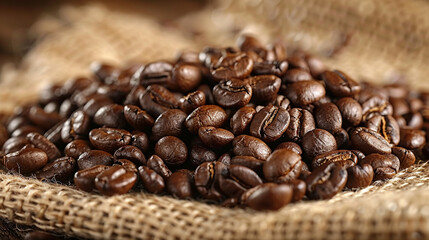 Fototapeta premium Roasted coffee beans piled high on burlap.