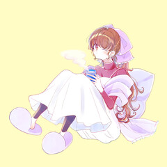 温かい飲み物が入ったマグカップを持つ女性　メルヘン　秋　冬