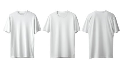 Three white t-shirts, front and back views