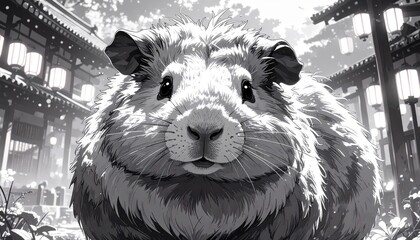 A whimsical black and white illustration of a guinea pig nestled in a serene setting.