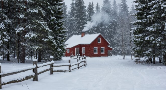 Charming Red Cabin Surrounded by Snowy Pine Trees in a Winter Wonderland Setting with Smoke Rising from Chimney