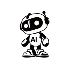 A friendly robot character stands confidently with an AI label on its chest. Its large eyes and casual shoes give it a whimsical and approachable look.