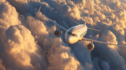 Commercial Airplane Flying Through Dramatic Clouds at Sunset Sky