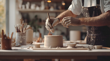 A potter or artist in a sunlit studio is meticulously applying a liquid glaze or slip to the rim of a freshly thrown clay pot with a brush
