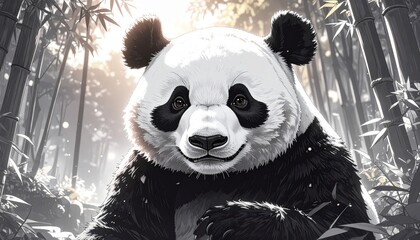 Captivating monochrome image portrays a panda in a stylized bamboo forest setting,
