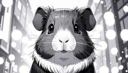 Close-up of a cute guinea pig with big eyes in black and white artistic style.