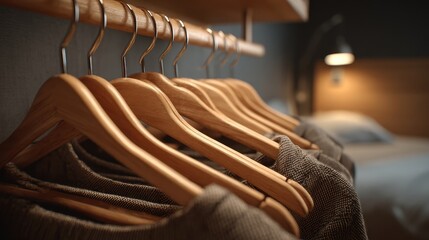 Warm-Lit Wooden Hangers in a Cozy Closet - Minimalist Wardrobe Detail.