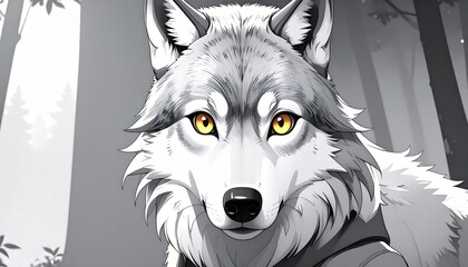 Close-up of a stylized grey wolf with striking golden eyes against a forest backdrop.