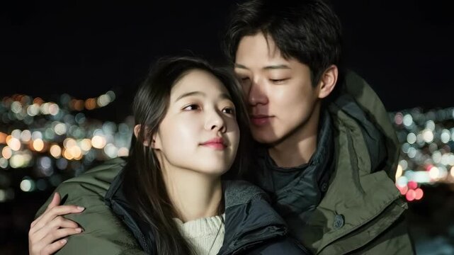 A man hugs a woman from behind and kisses her cheek at night, with city lights blurred in the background.