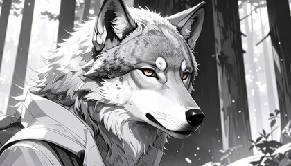 Detailed grayscale illustration captures majestic wolf portrait in shadowed forest scene.
