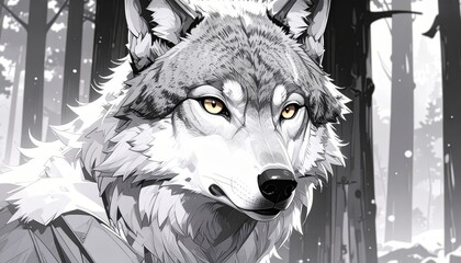 Detailed monochrome illustration depicting a wolf portrait in a snowy forest scenery