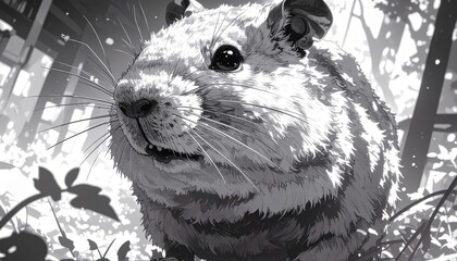Detailed monochrome image of a hamster in a natural outdoor setting with foliage.