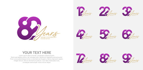 Anniversary logo set vector design, purple and gold color for celebration event