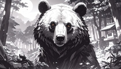 Majestic bear portrait with a traditional Japanese landscape background, in grayscale.