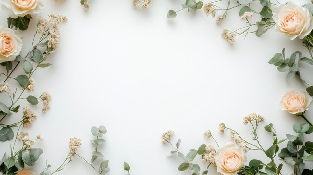 Create a flat lay image featuring a beige rose border frame made of Eringium flowers and Eucalyptus branches on a white background, The top view should show the entire frame with ample copy space on