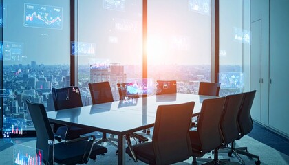 Corporate meeting room with AR projections of graphs and charts floating above the table