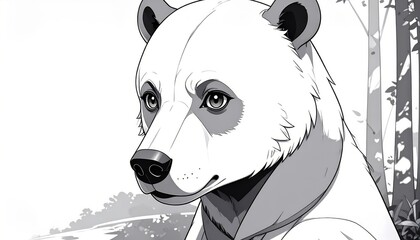 Monochromatic close-up illustration of a contemplative bear in a forest setting, looking